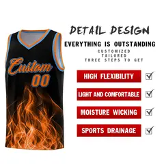 Black Orange Flame Graffiti Sublimation Printed Basketball Jersey 2