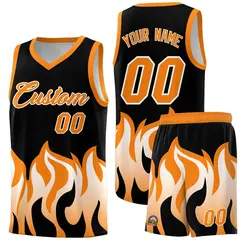 Black Orange Flame Pattern Hem Basketball Jersey 1