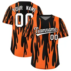 Black Orange Flame Pattern Pullover Baseball Jersey