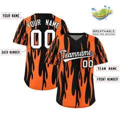 Black Orange Flame Pattern Pullover Baseball Jersey 2