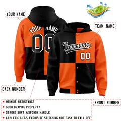 Black Orange Four Squares Color Block Full-Snap Varsity Letterman Jacket Hoodie 4