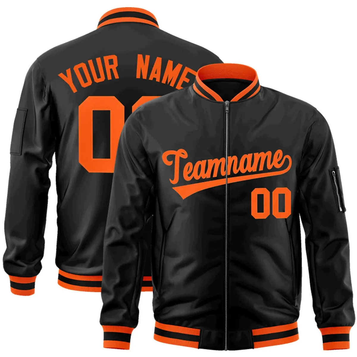 Black Orange Full-Zip Letterman Varsity Bomber Jacket