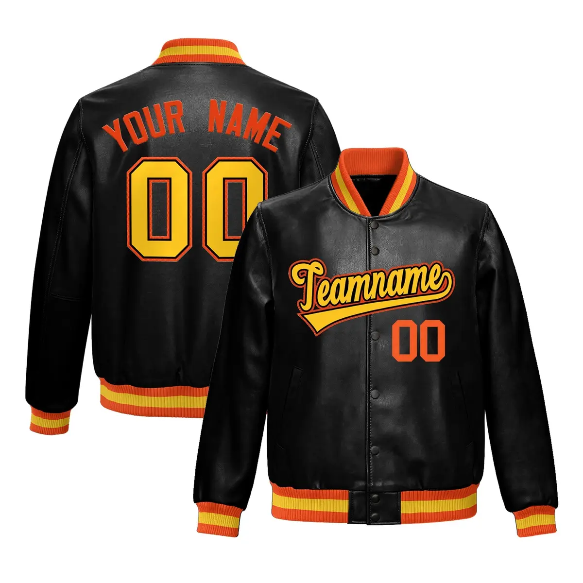 Black Orange Gold Full-Snap Faux Leather Varsity Letterman Jacket