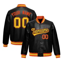 Black Orange Gold Full-Snap Faux Leather Varsity Letterman Jacket 1