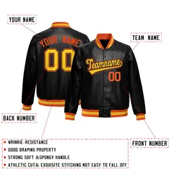 Black Orange Gold Full-Snap Faux Leather Varsity Letterman Jacket 2