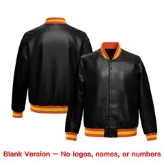 Black Orange Gold Full-Snap Faux Leather Varsity Letterman Jacket 6