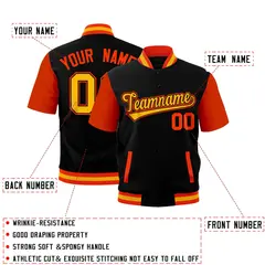 Black Orange Gold Full-Snap Short Sleeve Varsity Jacket 2