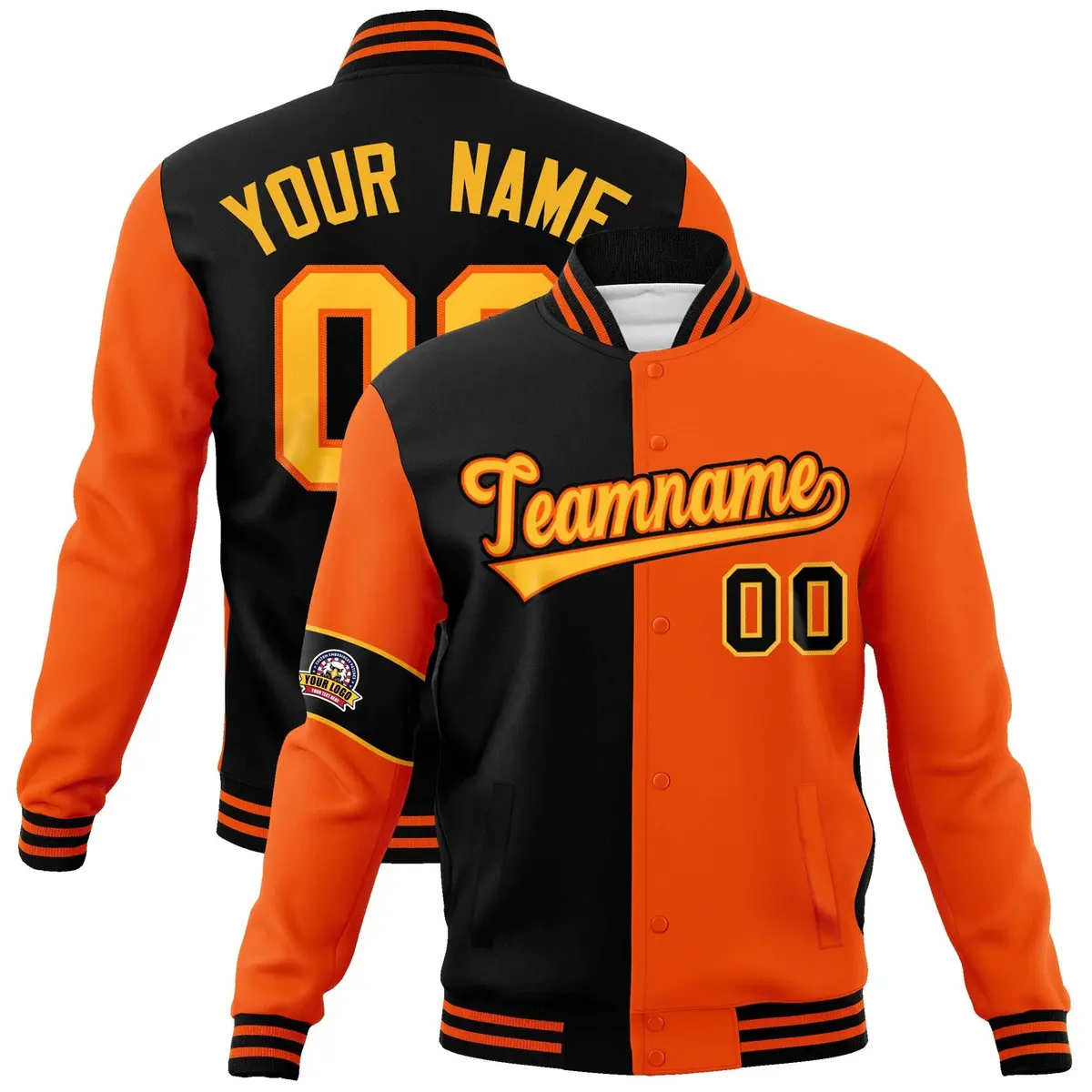 Black Orange-Gold Two Tone Split Letterman Varsity Jacket