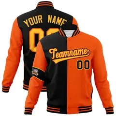 Black Orange-Gold Two Tone Split Letterman Varsity Jacket