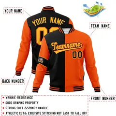 Black Orange-Gold Two Tone Split Letterman Varsity Jacket 4