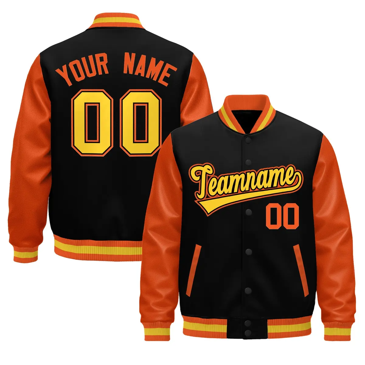 Black Orange Gold Varsity Full-Snap Letterman Jacket Raglan Leather Sleeves