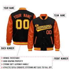 Black Orange Gold Varsity Full-Snap Letterman Jacket Raglan Leather Sleeves 2