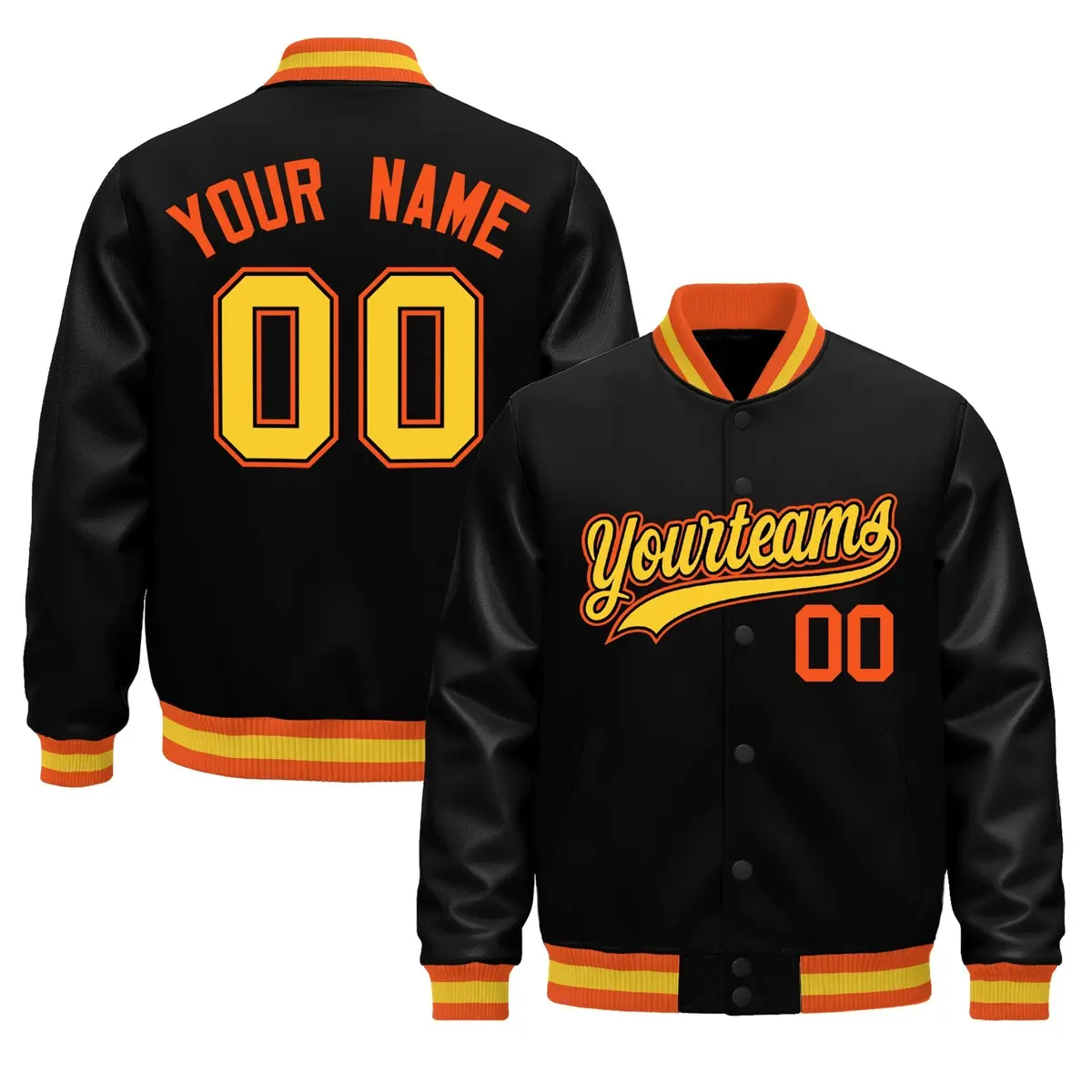 Black Orange Gold Varsity Jacket with Faux Leather Sleeves