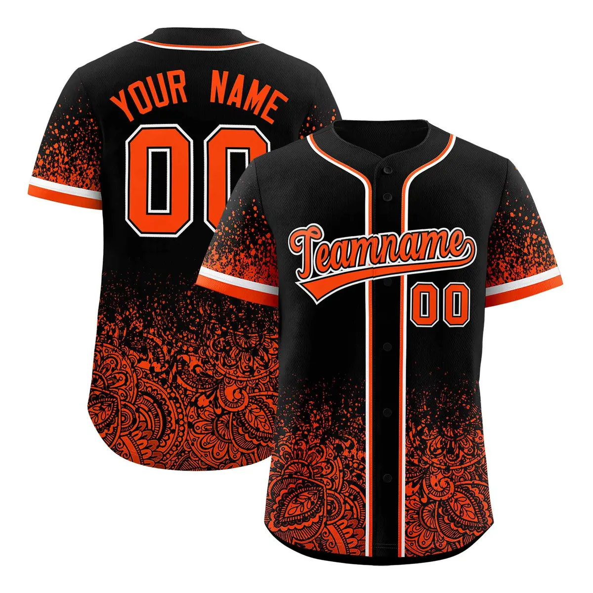 Black Orange Gradient Floral Print Full Button Baseball Jersey