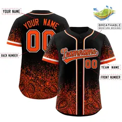 Black Orange Gradient Floral Print Full Button Baseball Jersey 2