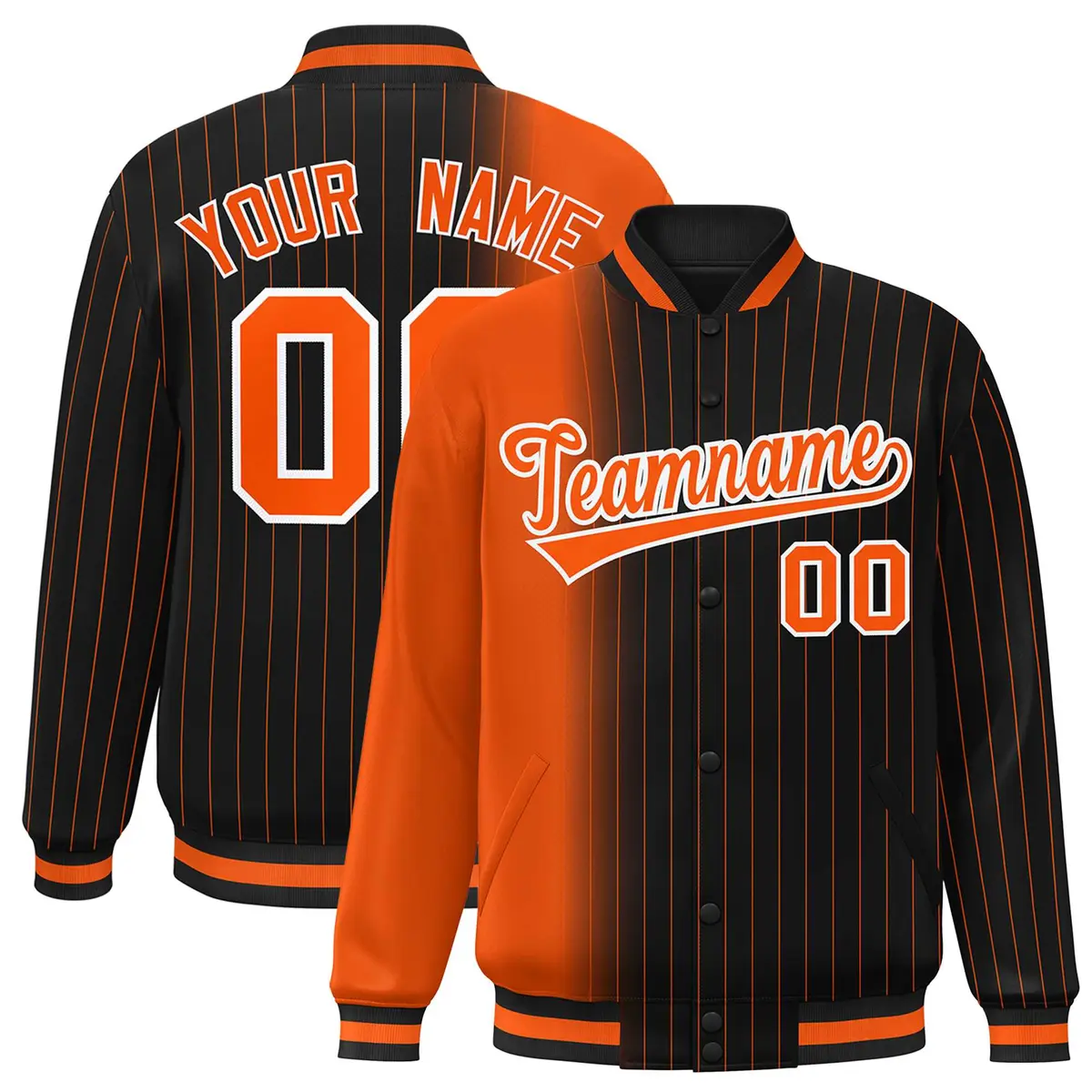 Black Orange Gradient Pinstripe Full-Snap Letterman Jacket