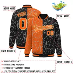 Black Orange Graffiti Pattern Split Letterman Bomber Jacket 2