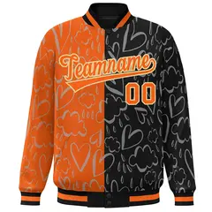 Black Orange Graffiti Pattern Split Letterman Bomber Jacket 3