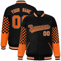 Black Orange-Gray Checkered Color Block Bomber Varsity Jacket 1