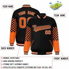 Black Orange-Gray Checkered Color Block Bomber Varsity Jacket 2