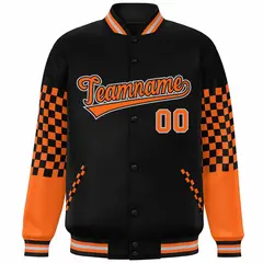 Black Orange-Gray Checkered Color Block Bomber Varsity Jacket 3