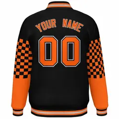 Black Orange-Gray Checkered Color Block Bomber Varsity Jacket 4