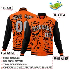 Black Orange Gray Halloween Bats Pumpkins Ghost Letterman Jacket 2