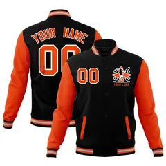 Black Orange Gray Raglan Sleeves Full-Snap Letterman Cotton Jacket