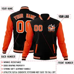 Black Orange Gray Raglan Sleeves Full-Snap Letterman Cotton Jacket 2