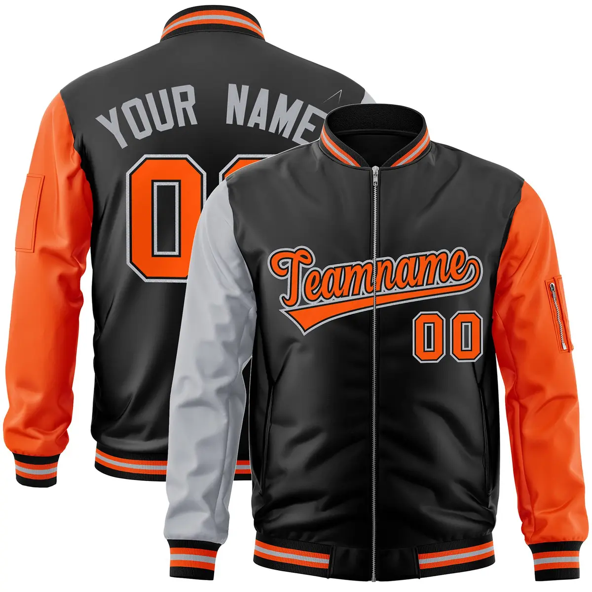 Black Orange-Gray Varsity Full-Zip Raglan Letterman Bomber Jacket