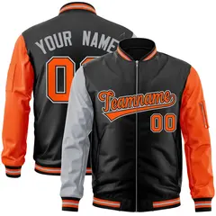 Black Orange-Gray Varsity Full-Zip Raglan Letterman Bomber Jacket