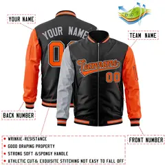 Black Orange-Gray Varsity Full-Zip Raglan Letterman Bomber Jacket 2