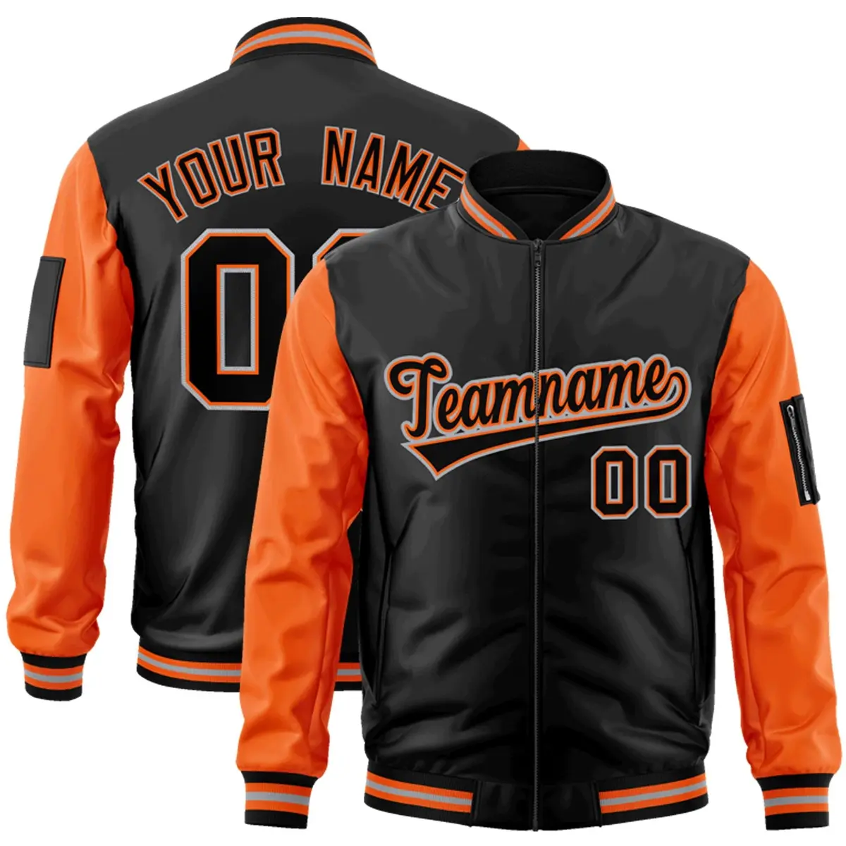 Black Orange-Gray Varsity Full-Zip Raglan Letterman Bomber Jacket