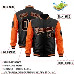 Black Orange-Gray Varsity Full-Zip Raglan Letterman Bomber Jacket 2
