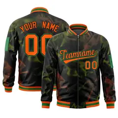 Black Orange-Green Blur Spray Full-Zip Letterman Bomber Jacket