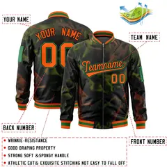 Black Orange-Green Blur Spray Full-Zip Letterman Bomber Jacket 2