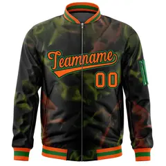 Black Orange-Green Blur Spray Full-Zip Letterman Bomber Jacket 3