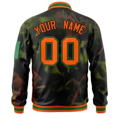 Black Orange-Green Blur Spray Full-Zip Letterman Bomber Jacket 4