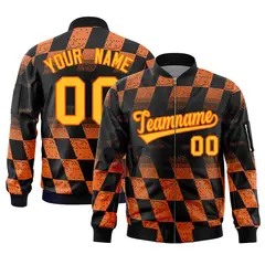 Black Orange Grid Color Block Letterman Varsity Bomber Jacket