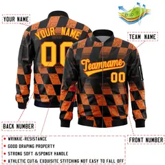 Black Orange Grid Color Block Letterman Varsity Bomber Jacket 2