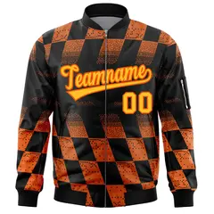 Black Orange Grid Color Block Letterman Varsity Bomber Jacket 3