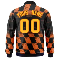 Black Orange Grid Color Block Letterman Varsity Bomber Jacket 4