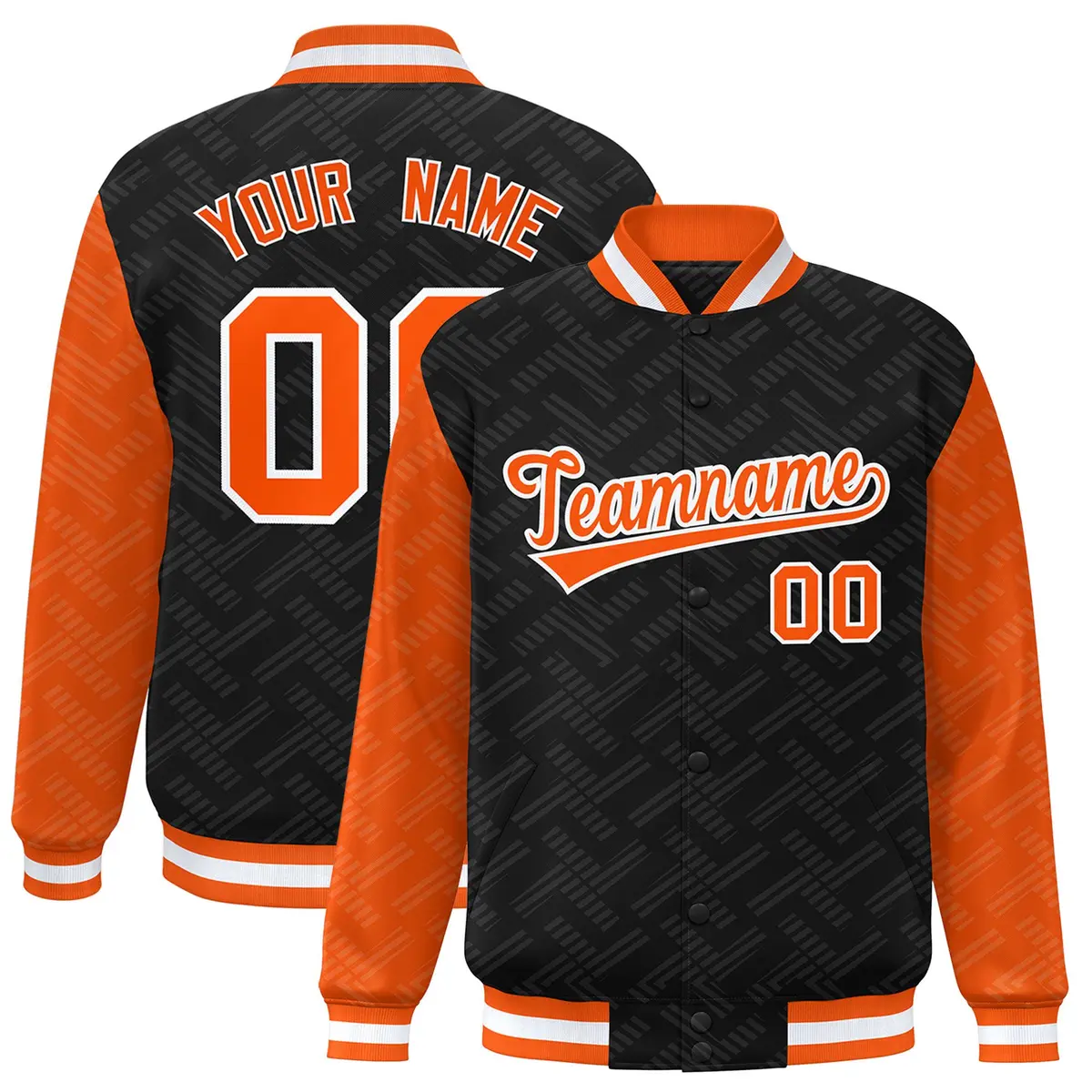 Black Orange L Pattern Raglan Full-Snap Varsity Letterman Jacket