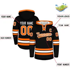 Black Orange Lace-Up Neck Hockey Hoodie 2