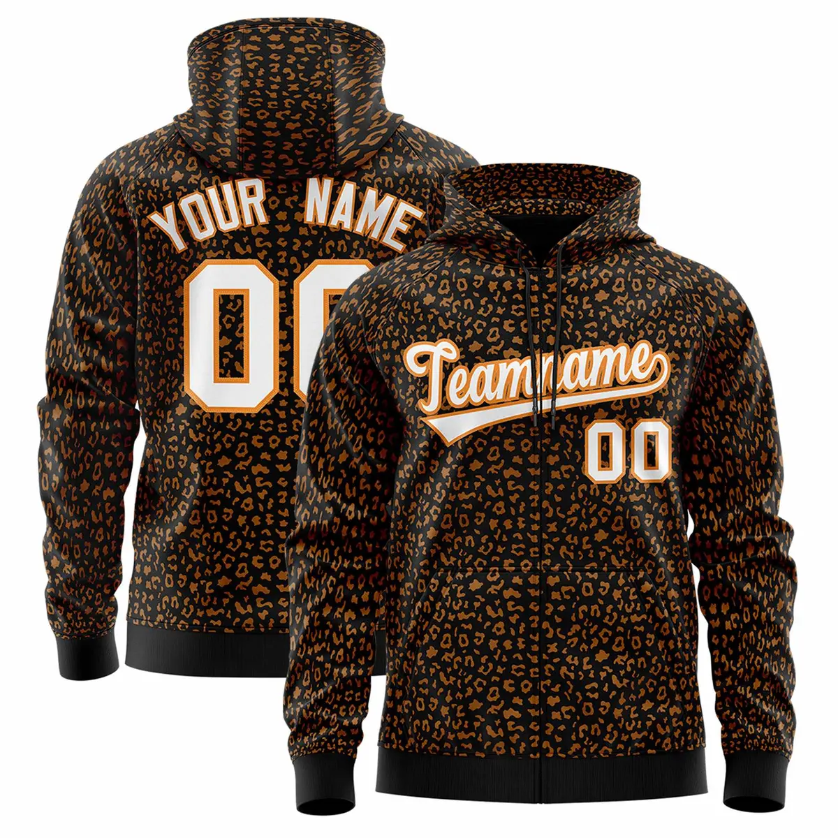 Black Orange Leopard Print Varsity Full-Zip Letterman Jacket Hoodie
