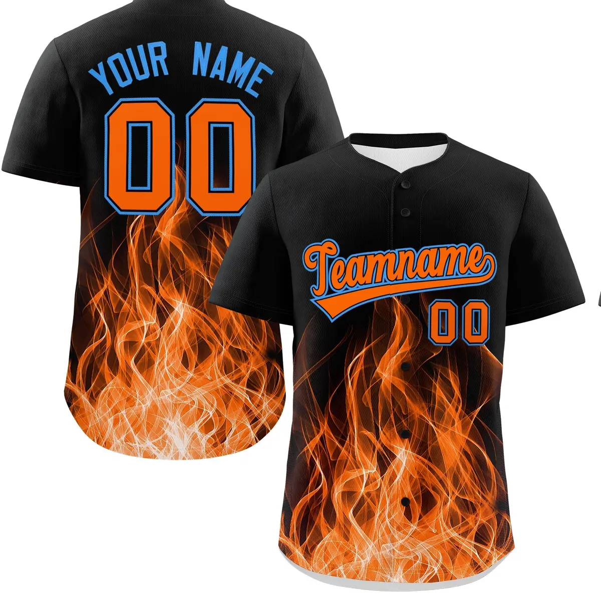 Black Orange Light Blue Flame Graffiti Baseball Jersey