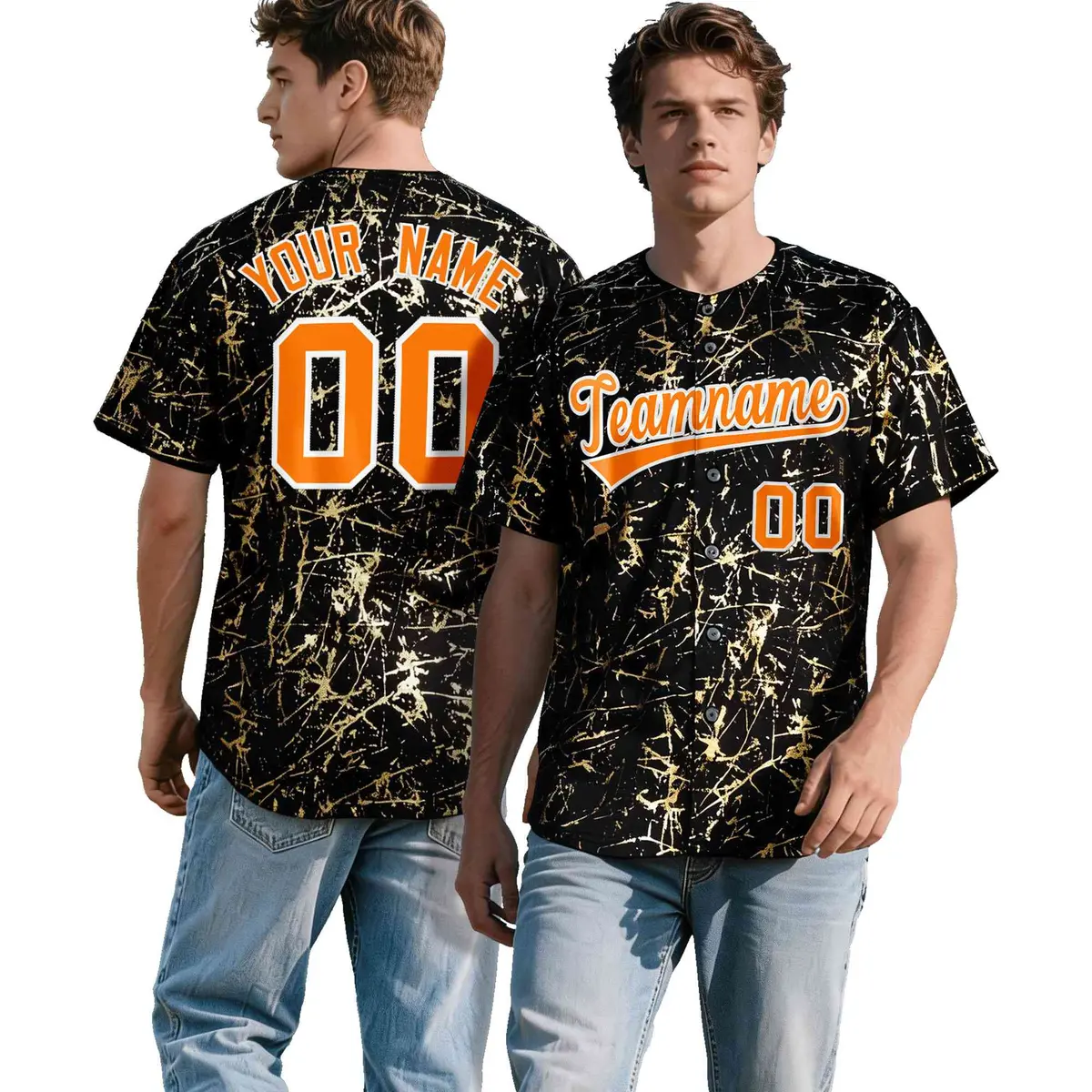 Black Orange Metallic Gold Splatter Baseball Jersey