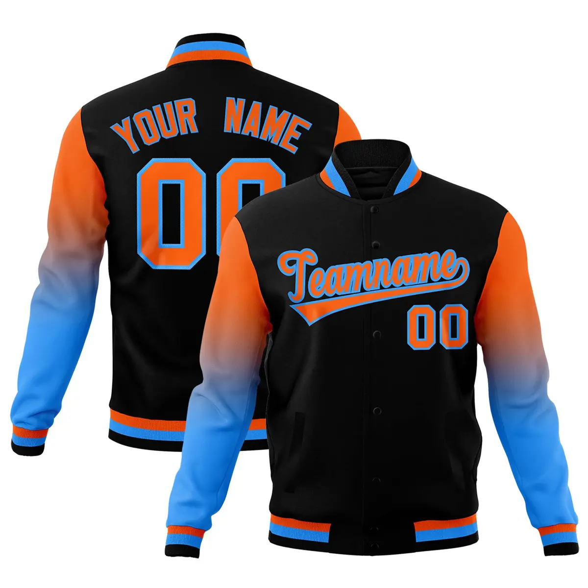 Black Orange Powder Blue Gradient Raglan Varsity Letterman Jacket
