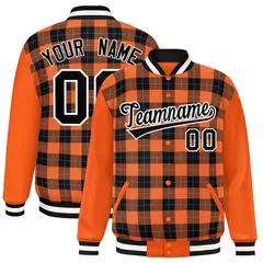 Black Orange-Powder Blue Plaid Varsity Full-Snap Letterman Jacket