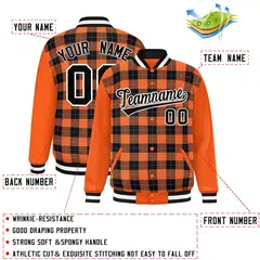 Black Orange-Powder Blue Plaid Varsity Full-Snap Letterman Jacket 2